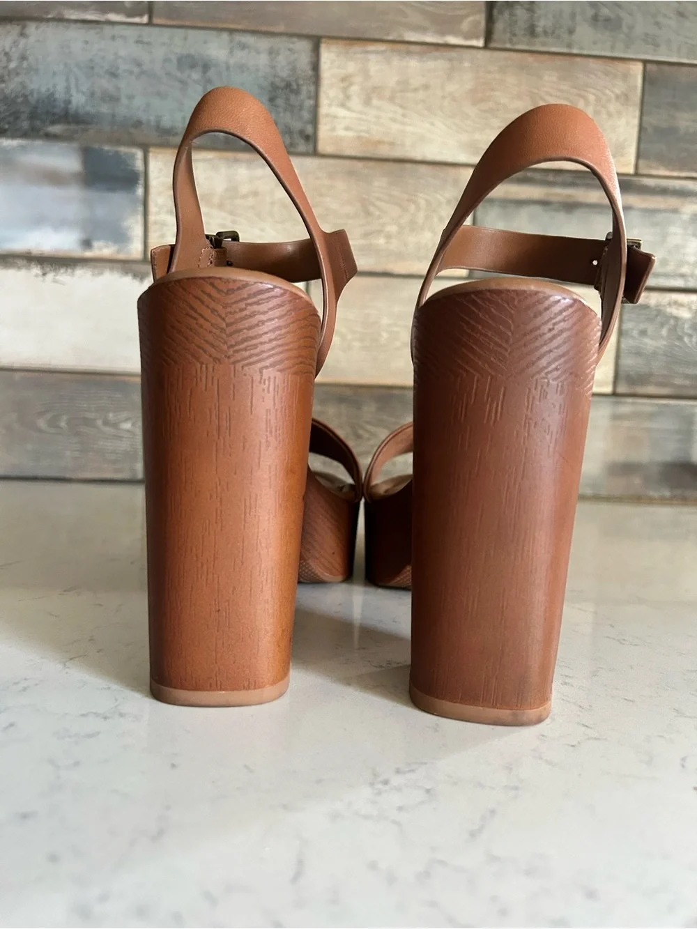 Gianni Bini Leather Platform Heel Sandals in Rich Caramel
